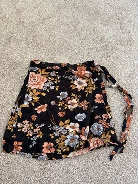 American Eagle Floral Wrap Mini Skirt - Black with Peach & Mustard Flowers